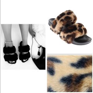 Leopard Faux Fur Double Strap Sandals